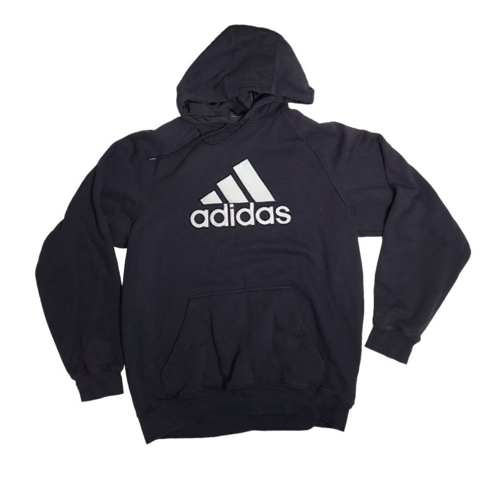 ADIDAS Y2K black hooded badge of sport logo spellout hoodie sweatshirt unisex L
